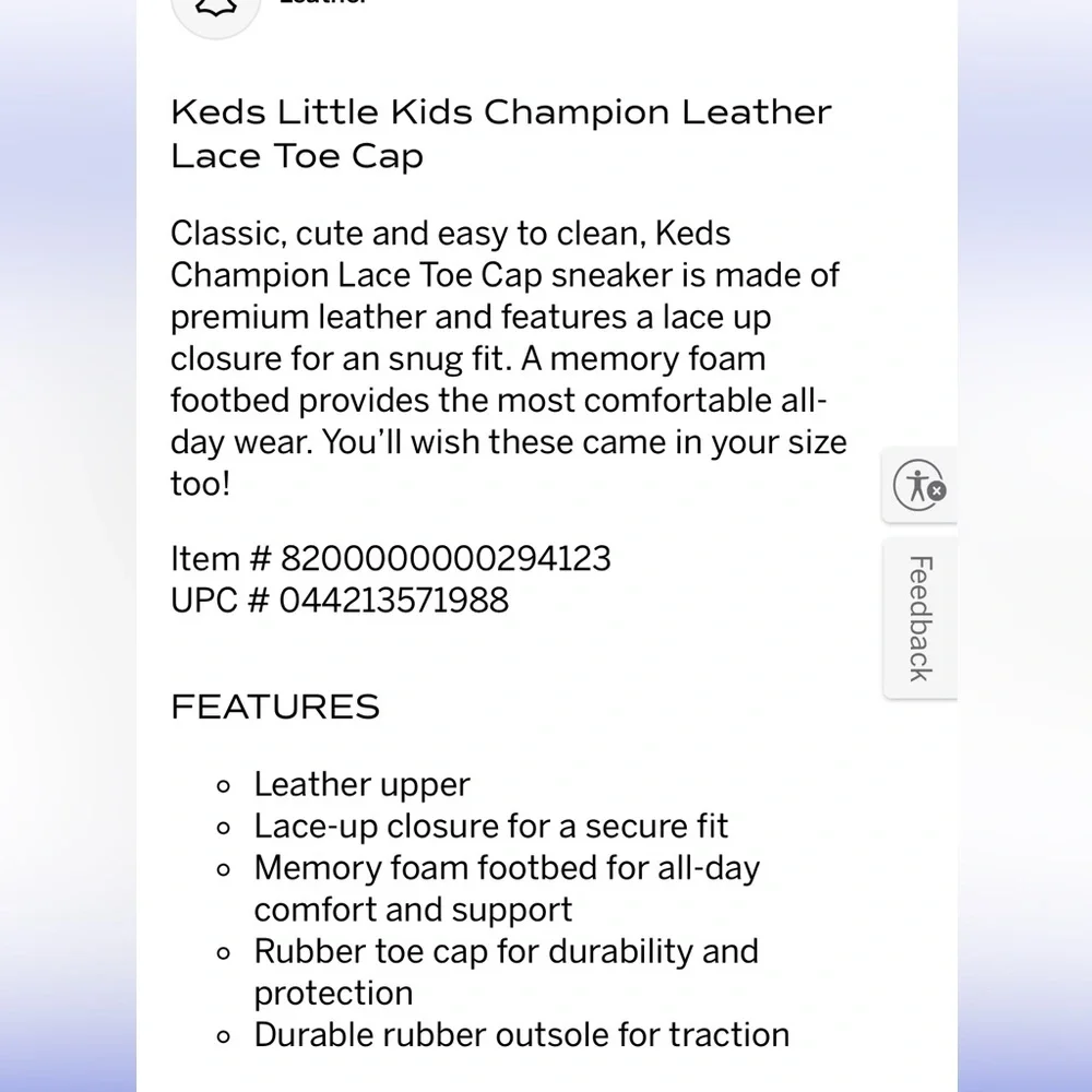 Keds Little Kids Champion Leather Lace Toe Cap - Picture 10 of 10